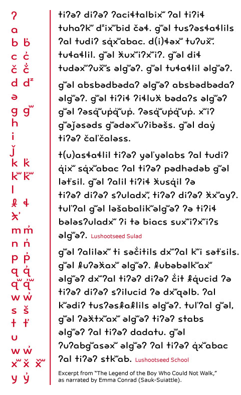 Juliet Shen's typeface for Lushootseed, the language of the Tulalip Native American tribe. 