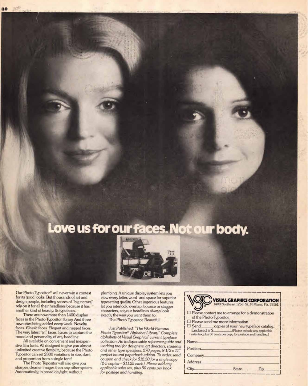 Ad from U&lc for a Photo Typositor showing a photograph of two beautiful women with the text: ‘Love us for our faces. Not our body.’