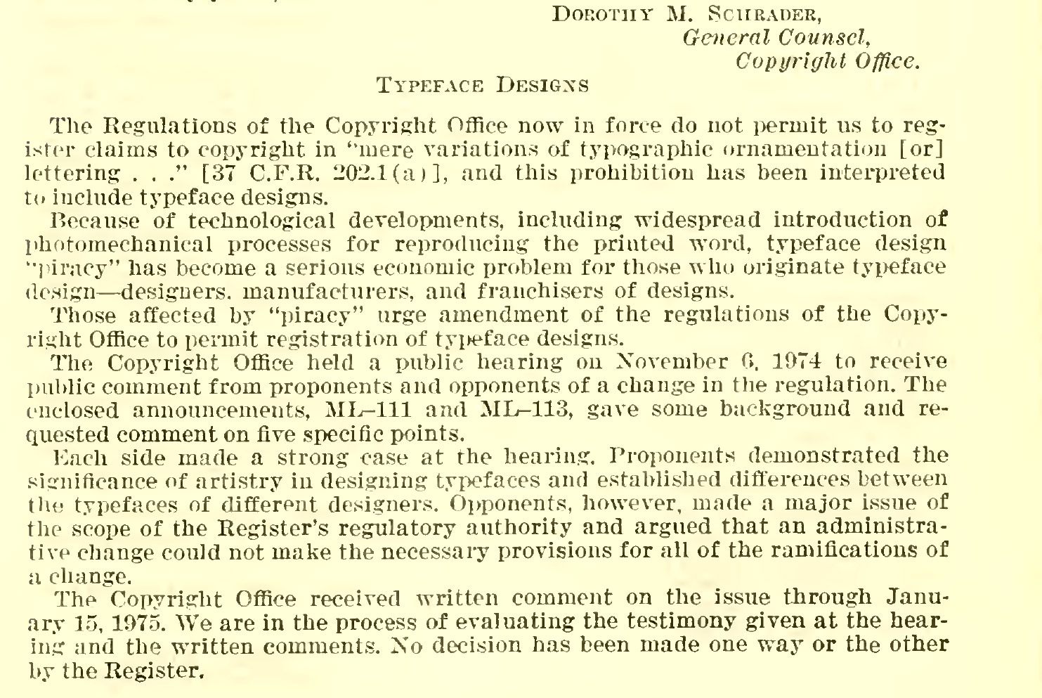 Image from a page of the testimony: “Topic introduction from Dorothy Schrader, General Council, Copyright Office”