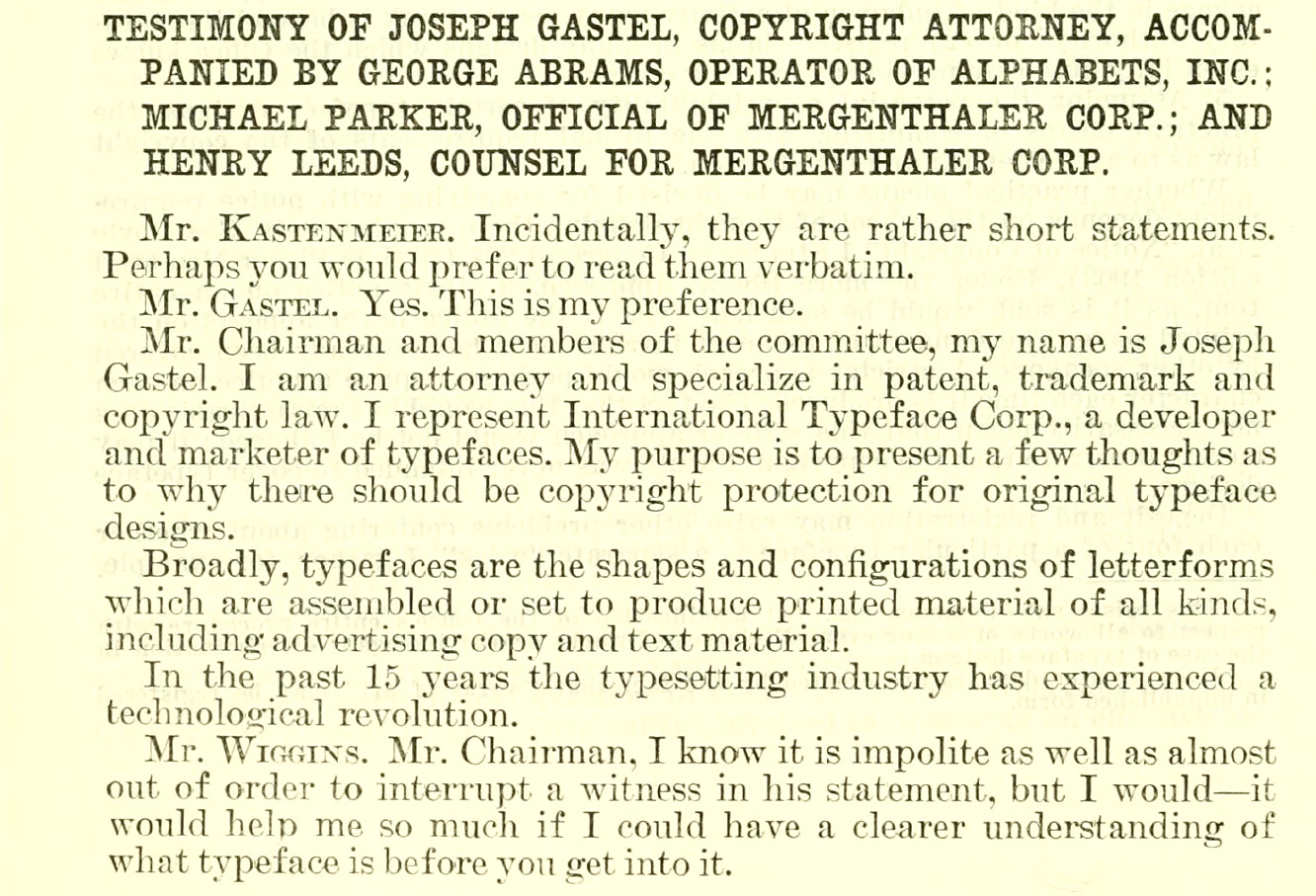 Image from a page of the testimony transcript; the heading reads: “Testimony Of Joseph Gastel, Copyright Attorney, Accompanied By George Abrams,Operator Op Alphabets, Inc.; Michael Parker, Official Of Mergenthaler Corp.; And Henry Leeds, Counsel For Mergenthaler Corp.”